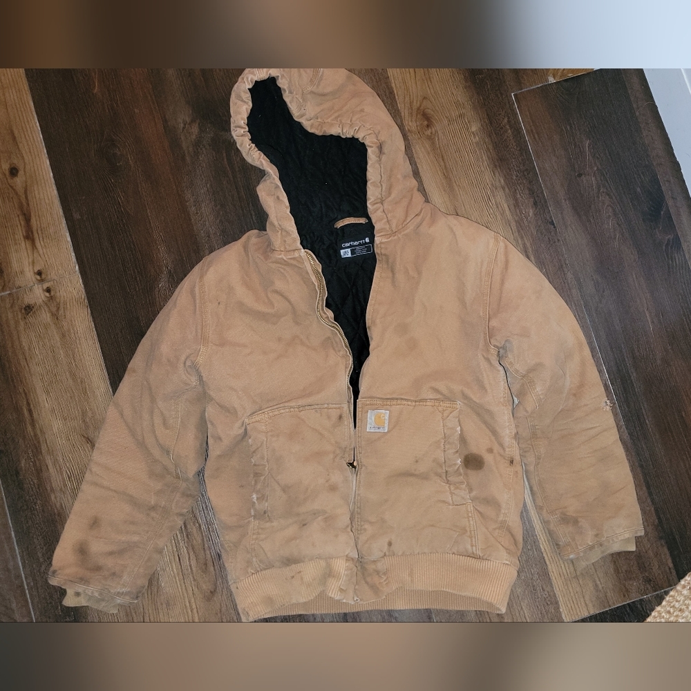 Carhartt  Brown Jacket Canvas Hoodie - Boys Youth Large - 14/16 Flawed